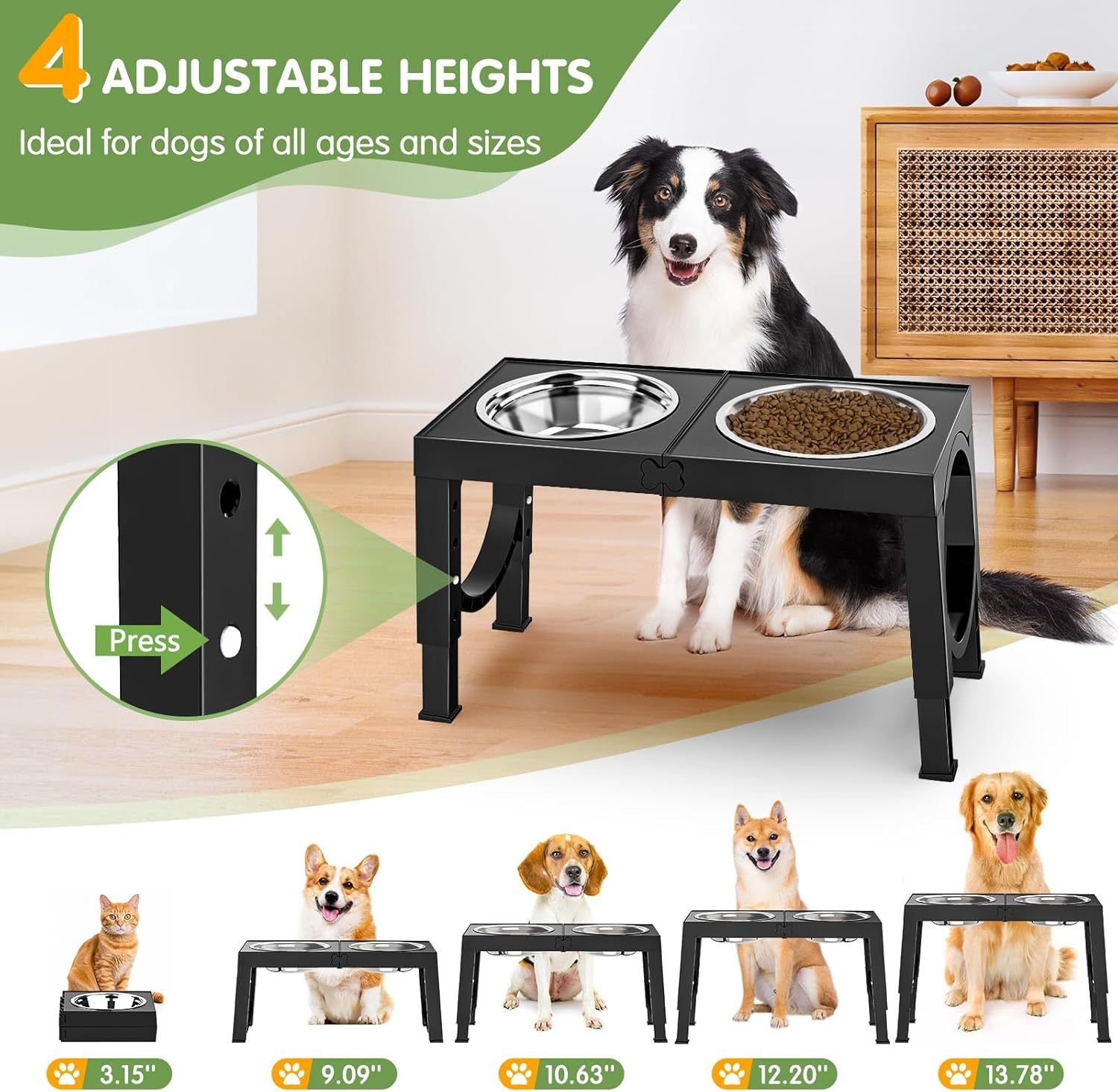 XIA Z Fashion Pet Products – Black Dog Bowl Holder with Double Stainless Steel Feeding Bowls, Non-Slip Elevated Stand