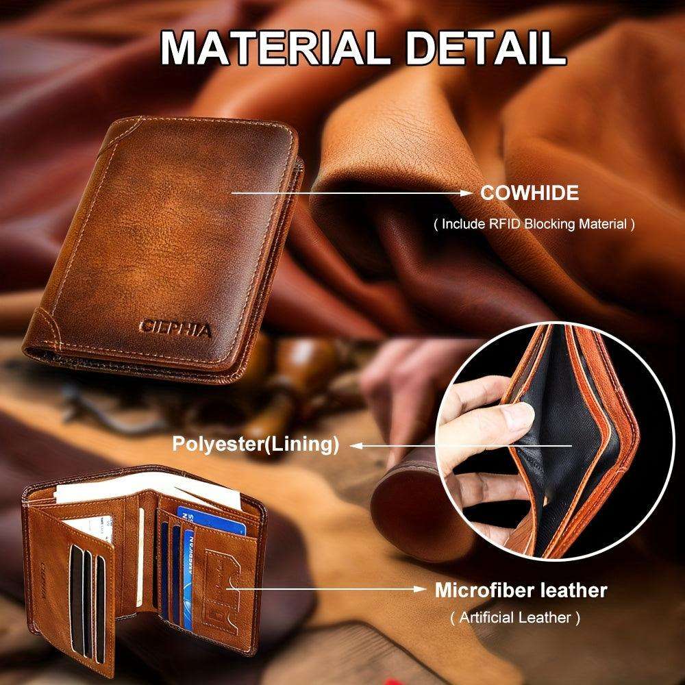 RFID Blocking Trifold Genuine Leather Wallets For Men, Top Layer Cowhide Vintage Short Multi Function Credit Card Holder, Money Clips With 2 ID Windows Valentine'S Day Gifts For Men - PulinGO