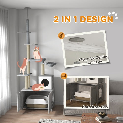 PawHut 2-in-1 Cat Tree with Litter Box Enclosure – Floor-to-Ceiling Cat Tower with Condo, Hammock, Scratching Posts & Platforms (Gray)