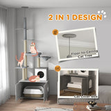 PawHut 2-in-1 Cat Tree with Litter Box Enclosure – Floor-to-Ceiling Cat Tower with Condo, Hammock, Scratching Posts & Platforms (Gray)