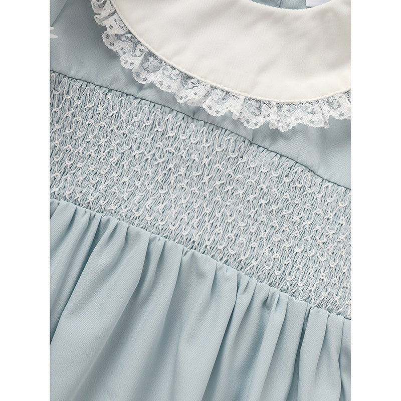 Toddler Girls Smocked Dress – Cute Puff Short Sleeve Princess Outfit with Lace Crew Neck, Elegant Party Dress for Birthdays & Special Occasions