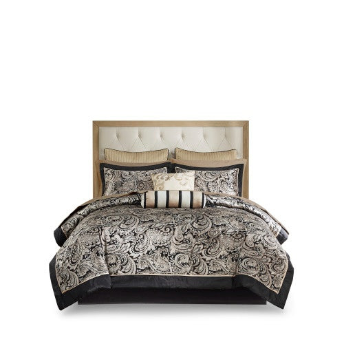 12-Piece Comforter Set with Cotton Bed Sheets – Full Size, Black Paisley Jacquard Comforter, Includes Sheets, Bed Skirt, Shams, and Decorative Pillows