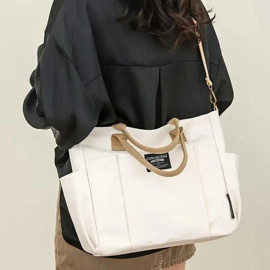 Women’s Retro Canvas Tote Bag – Multi-Pocket Shoulder & Crossbody Handbag for Daily Use
