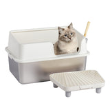 Stainless Steel Cat Litter Box with Plastic Buckle, Shovel & Foot Pad – White