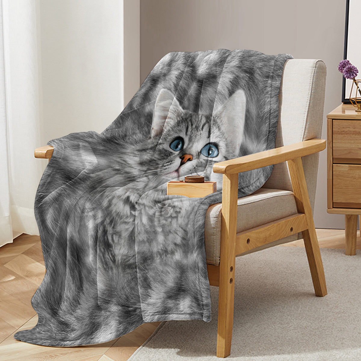 Cat Blanket for Cat Lovers – Cute Black & White Cat Print Fleece Sherpa Throw for Girls & Women, 130 × 150 cm