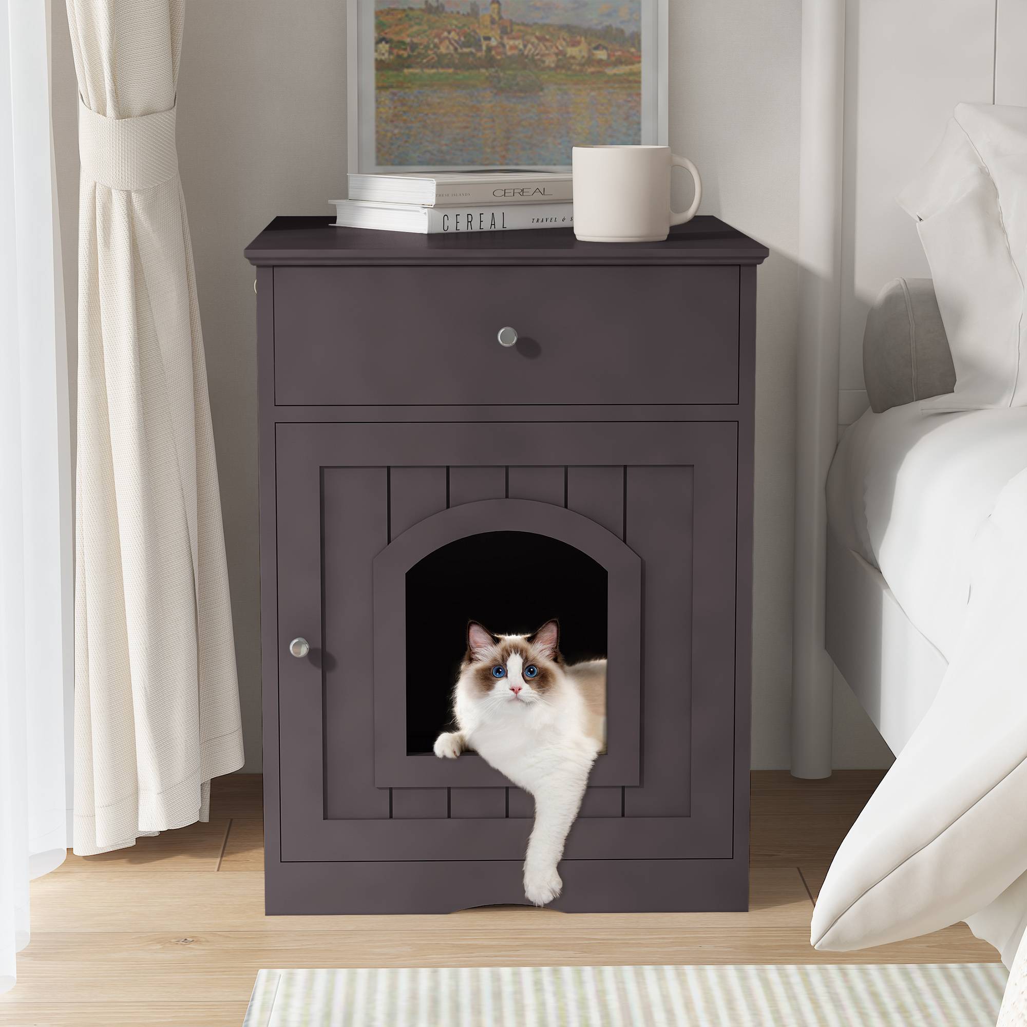 Wooden Pet House Cat Litter Box Enclosure with Drawer – Indoor Cat Crate & Side Table Furniture Design