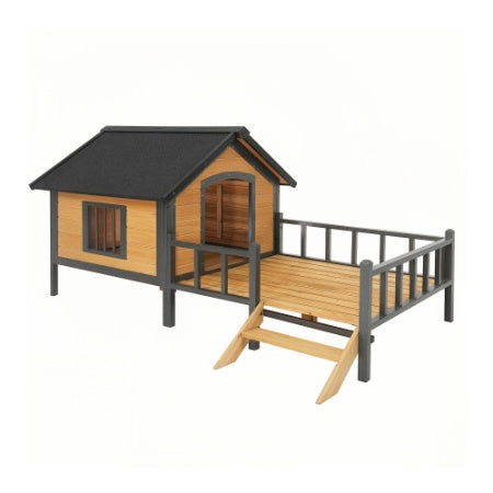 Outdoor Large Wooden Cabin-Style Dog Kennel with Porch – Spacious Walk-In Shelter (Grey)