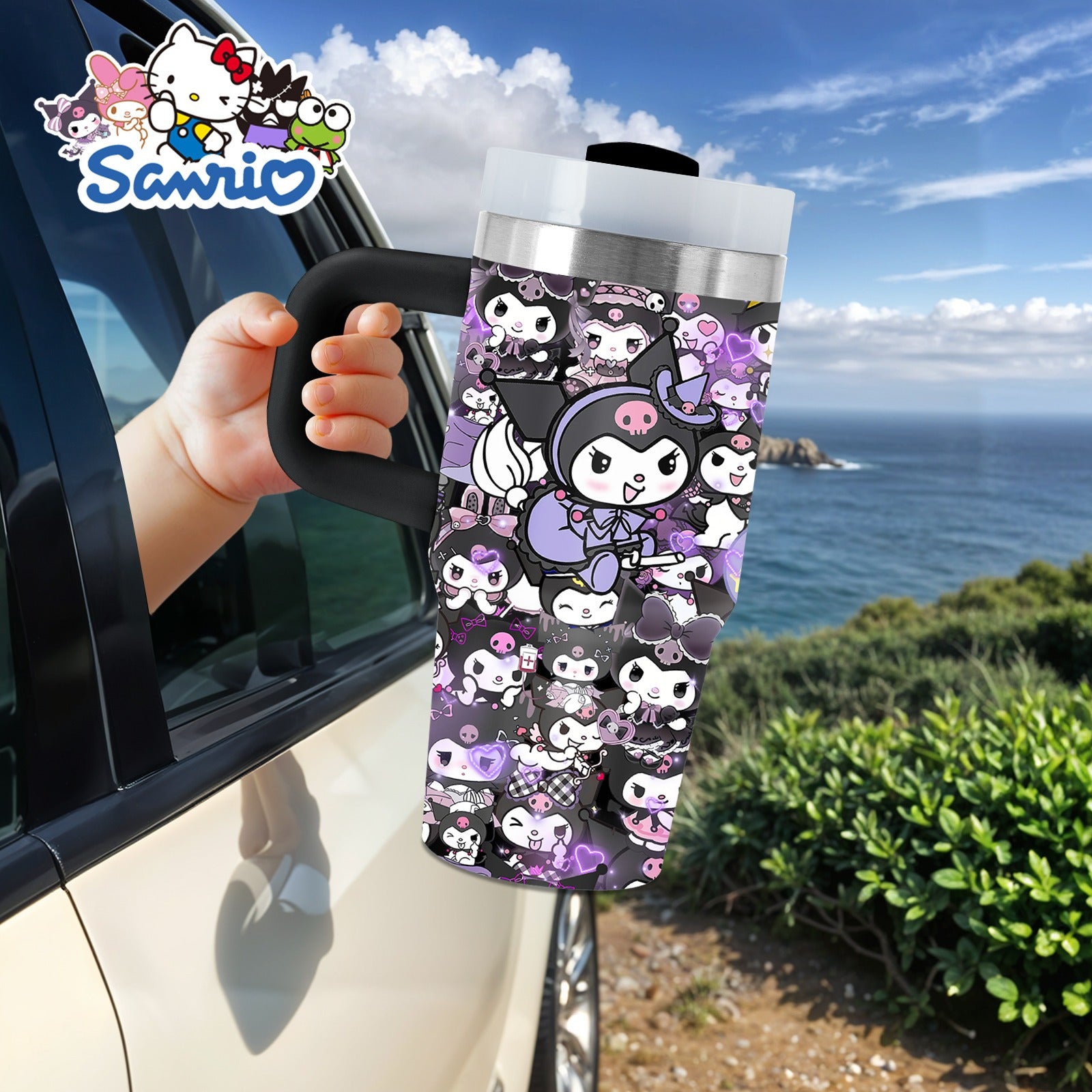 Sanrio Kuromi 14 oz Stainless-Steel Insulated Water Bottle with Handle & Straw – BPA-Free, Perfect Gift for Family & Friends