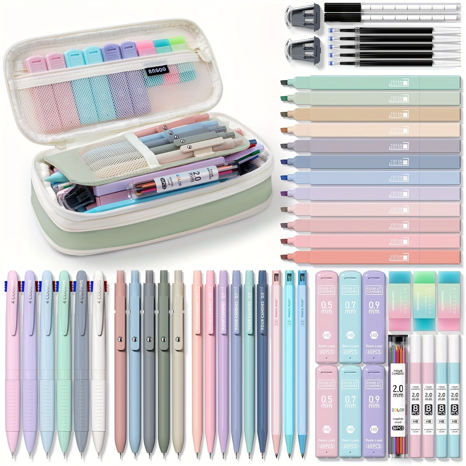 56 PCS Aesthetic School Supplies Set with Large Pencil Case – 6 Ballpoint Pens, 12 Pastel Pencils, 5 Gel Pens & 9 Automatic Pencils 🎒