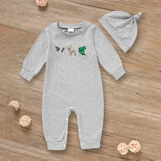 2Pcs Newborn Baby Boy Outfit – Long Sleeve Animal Print Romper with Matching Hat (Fall/Winter Set)