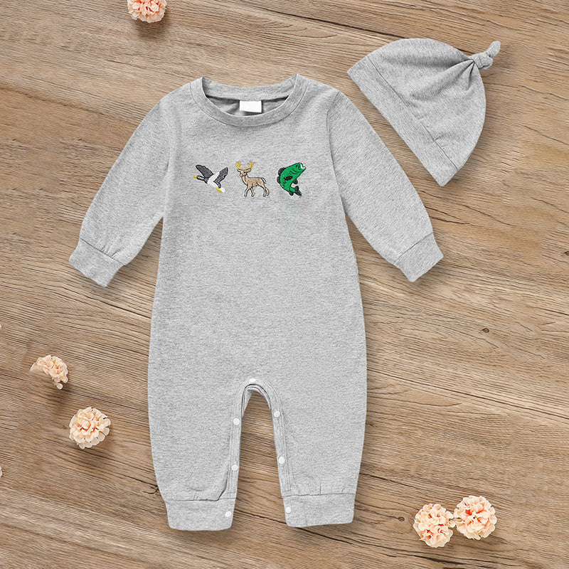 2Pcs Newborn Baby Boy Outfit – Long Sleeve Animal Print Romper with Matching Hat (Fall/Winter Set)