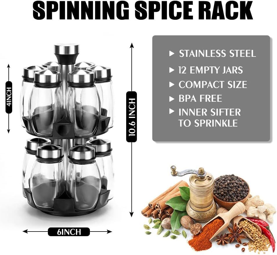 Revolving Spice Rack Organizer – 12 Empty Jars Rotating Countertop Seasoning Tower 🌿🧂