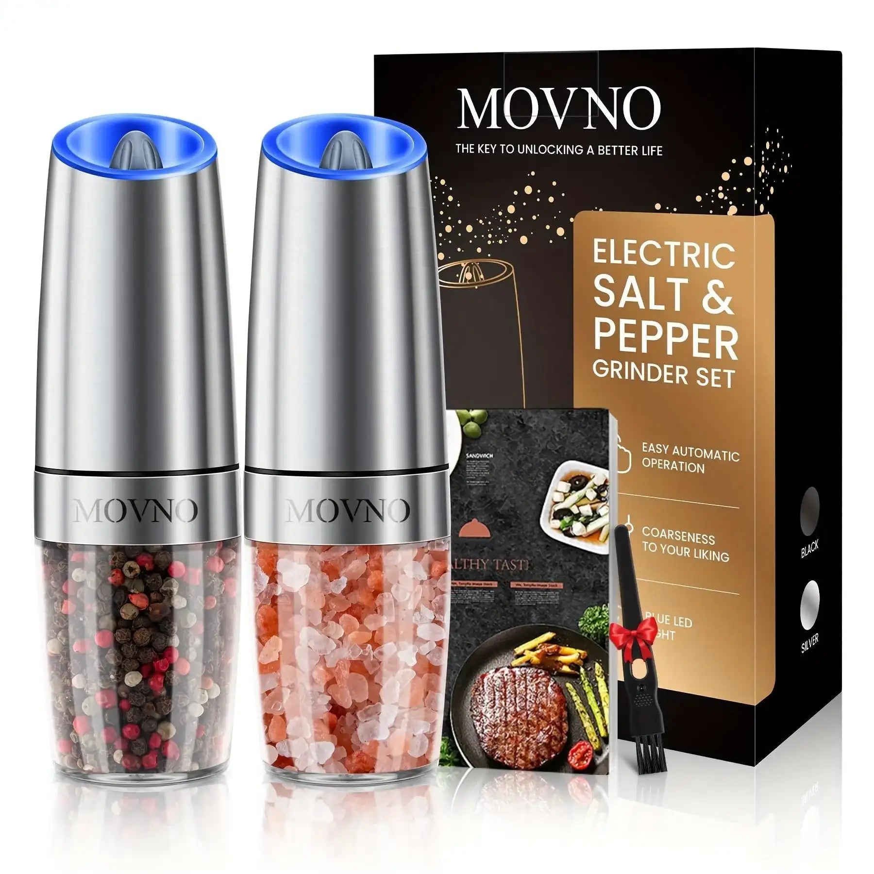[Gravity Electric Grinder] Automatic Gravity Electric Salt and Pepper Grinder Set - Battery Powered LED Light One Hand Operation - Adjustable Coarseness Mill Grinders Shakers Black, Kitchen Gadgets Gift Ideas - PulinGO