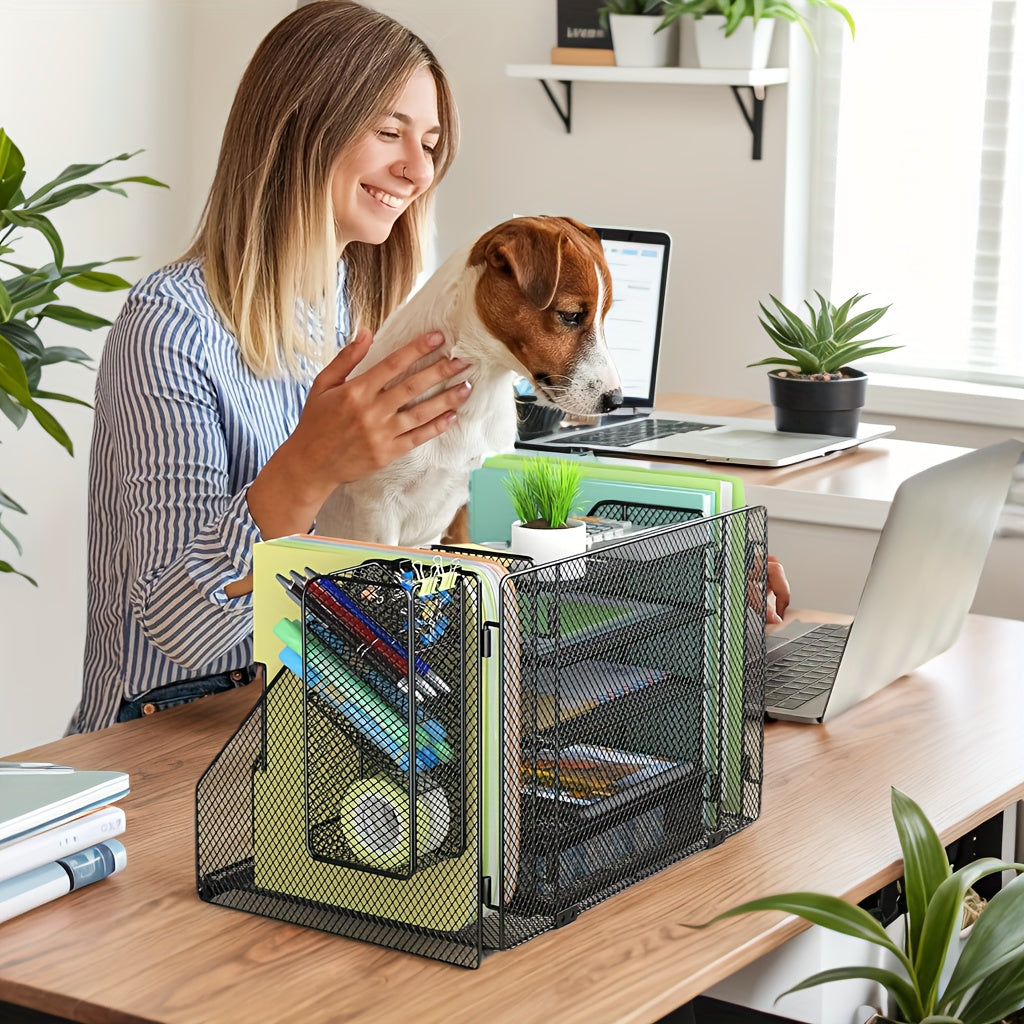 5-Shelf Mesh Desktop Organizer with File Shelf, Sliding Drawer & Large Pen Holder – Multi-Function Desk Storage for Home & Office 🗂️