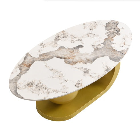 Modern Oval Sintered Stone Coffee Table - 47" Marble Pattern Top with Gold Stainless Steel Base | Luxury Living Room Furniture
