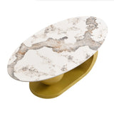 Modern Oval Sintered Stone Coffee Table - 47" Marble Pattern Top with Gold Stainless Steel Base | Luxury Living Room Furniture