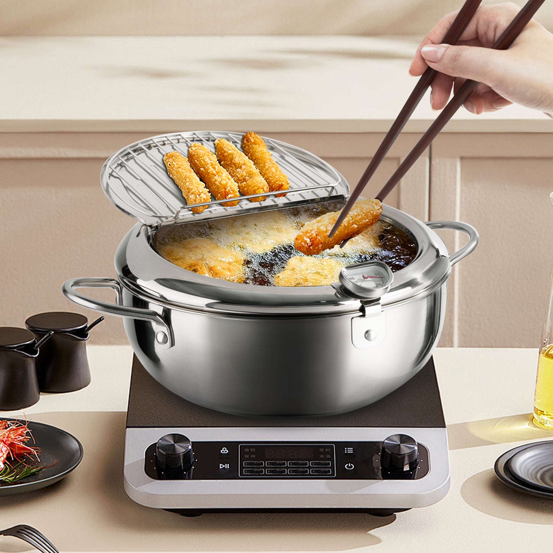 High-Quality Stainless Steel Pot Type 1 – 304 Tempura Fryer Pot with Thermometer and Pour Spout