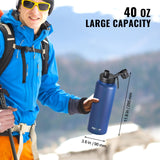 40 oz Insulated Water Bottle with 3 Lids - Stainless Steel Vacuum Flask for Hot & Cold Drinks