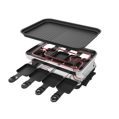 8-Person Non-Stick Raclette Grill – 1500 W Adjustable Tabletop Grill with Mini Pans and Stepped Griddle Top