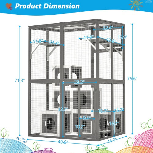 Outdoor Wooden Cat Catio – Spacious Walk-In Kennel with Platforms, Napping Houses & Solid Wood Construction (Grey)