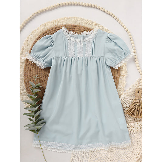 Toddler Girls Summer Lace Trim Dress – Puff Short Sleeve Crew Neck Princess Outfit, Cute Party Dress for Birthdays & Special Occasions