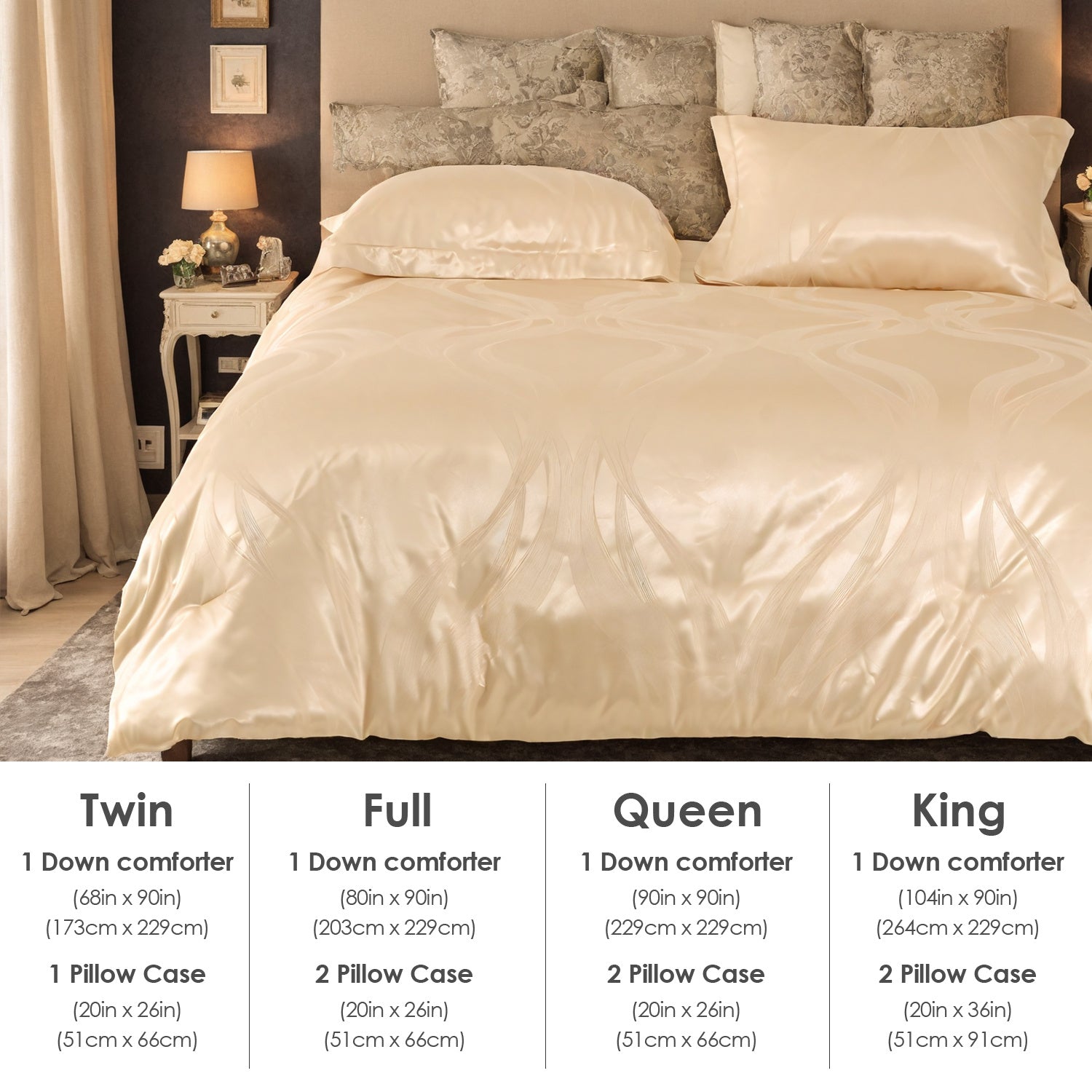 Luxurious Satin Microfiber Bedding Set – Double-Sided Jacquard Italian-Style Gold with Ultra-Shine, 3-Piece King-Size Quilt Cover & Pillowcase, Machine-Washable