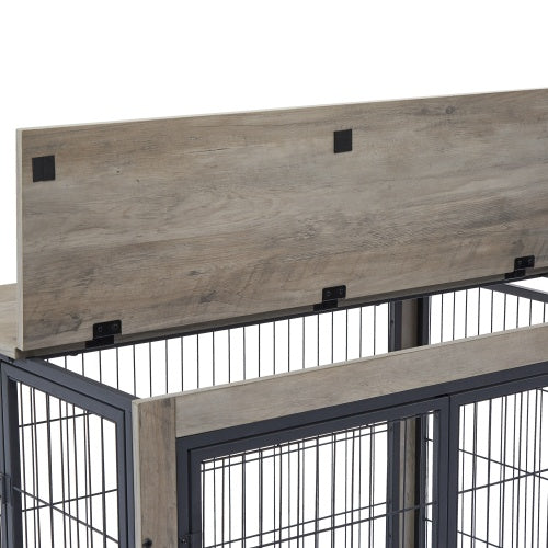 Furniture-Style Dog Cage – Grey Wooden Side Table with Wheels, Double Doors & Raised Top for Small & Medium Dogs
