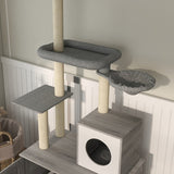 PawHut 2-in-1 Cat Tree with Litter Box Enclosure – Floor-to-Ceiling Cat Tower with Condo, Hammock, Scratching Posts & Platforms (Gray)