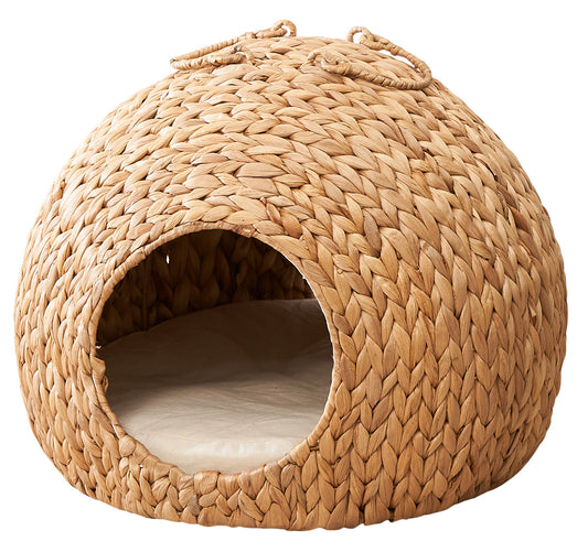 Water Hyacinth Woven Wicker Round Cat Bed Cave with Handles