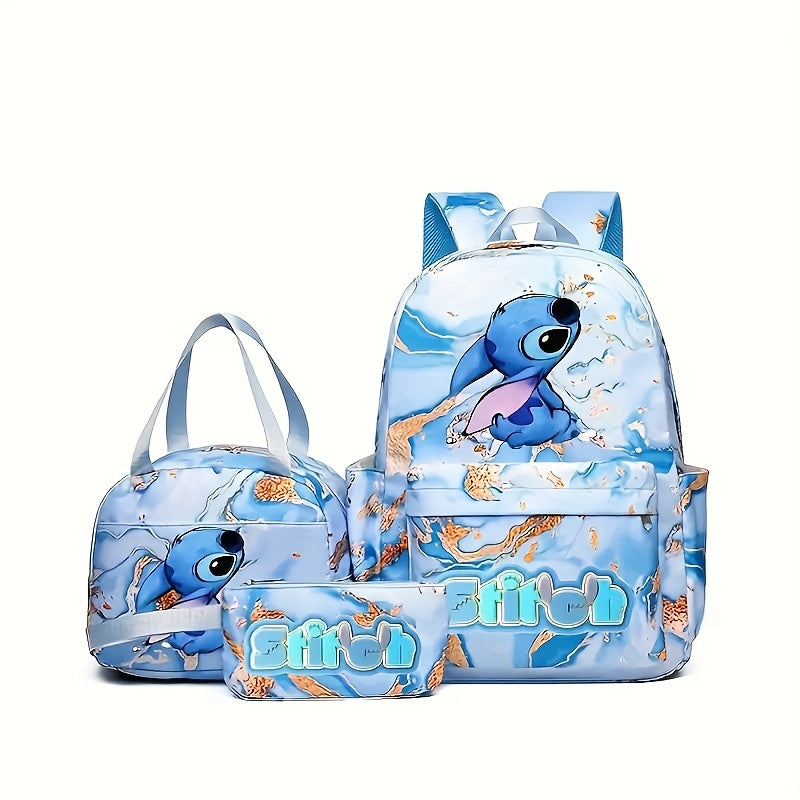 Disney Stitch 3-Piece Backpack Set – Large Capacity Nylon Backpack + Lunch Bag + Accessories, Trendy Mixed Colors
