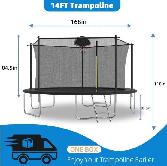 14-ft Trampoline with Safety Enclosure Net & Basketball Hoop – Outdoor Jumping Set