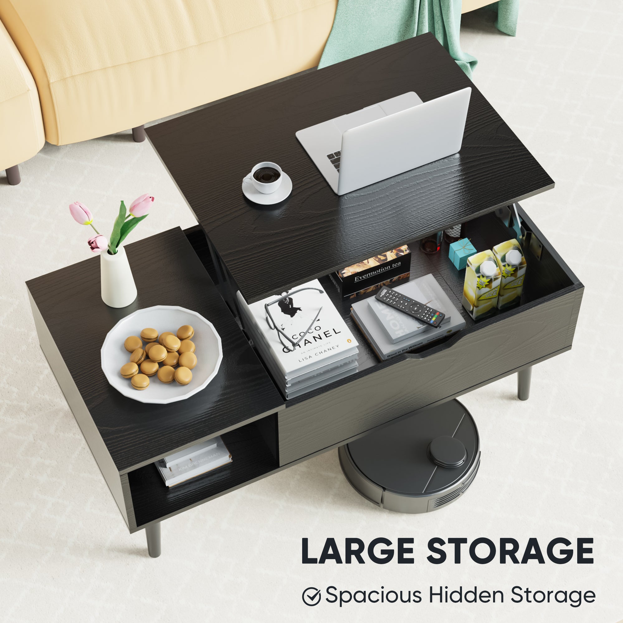 Industrial Lift Top Coffee Table with Hidden Storage - Rustic Living Room Center Table