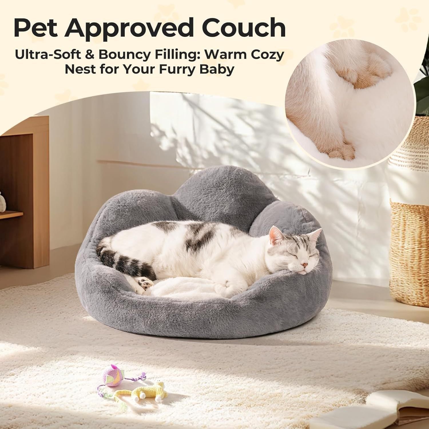 Mewoofun Cat & Small Dog Bed – 23" Grey Fluffy Flower-Shaped Washable Sofa Bed with Non-Slip Bottom for Puppies & Kittens