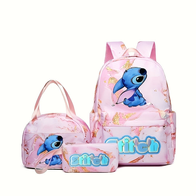 Disney Stitch 3-Piece Backpack Set – Large Capacity Nylon Backpack + Lunch Bag + Accessories, Trendy Mixed Colors