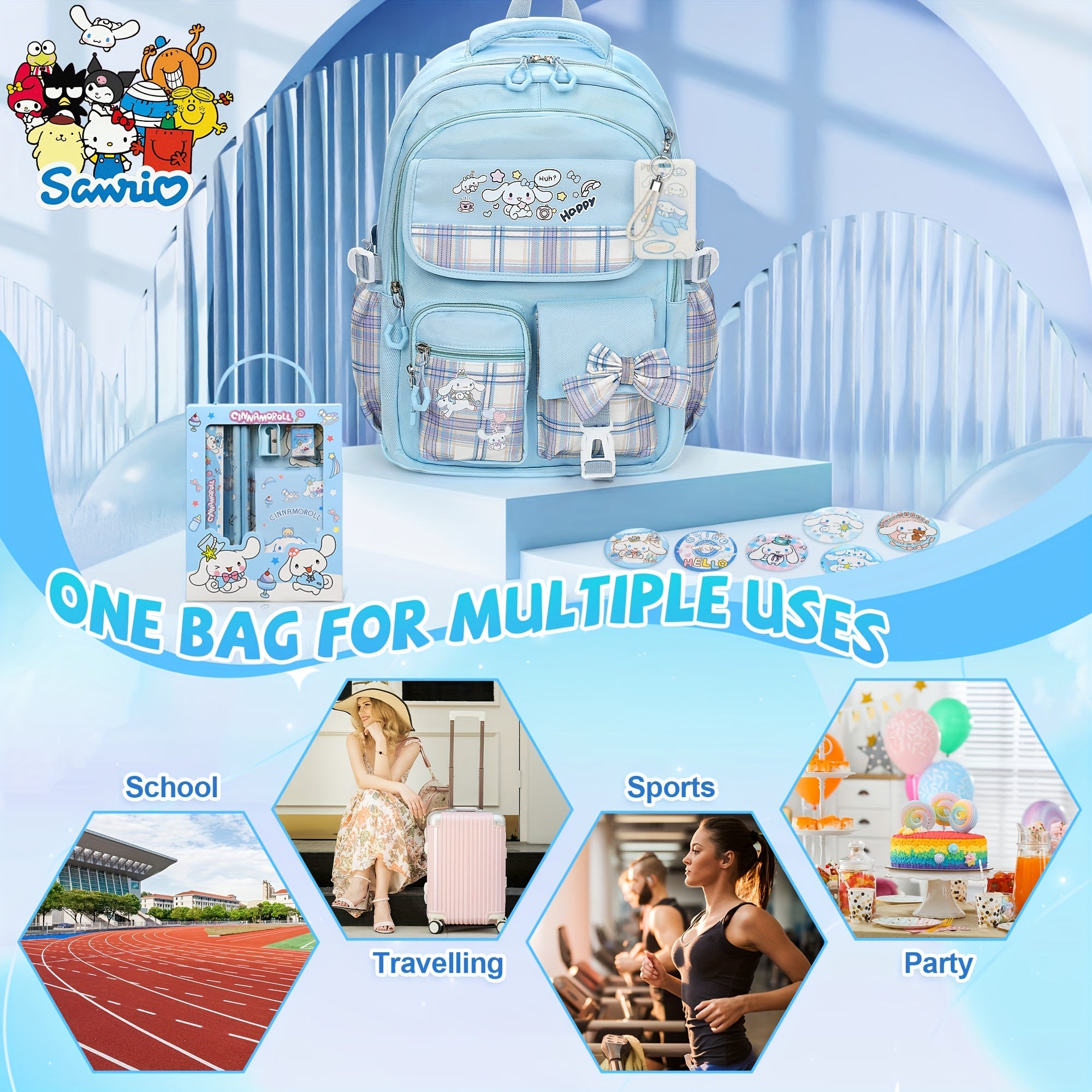Cinnamoroll Blue Backpack Set – Large Capacity School Bag + 6 Badge Pins + Stationery Set + Card Holder & Coin Purse