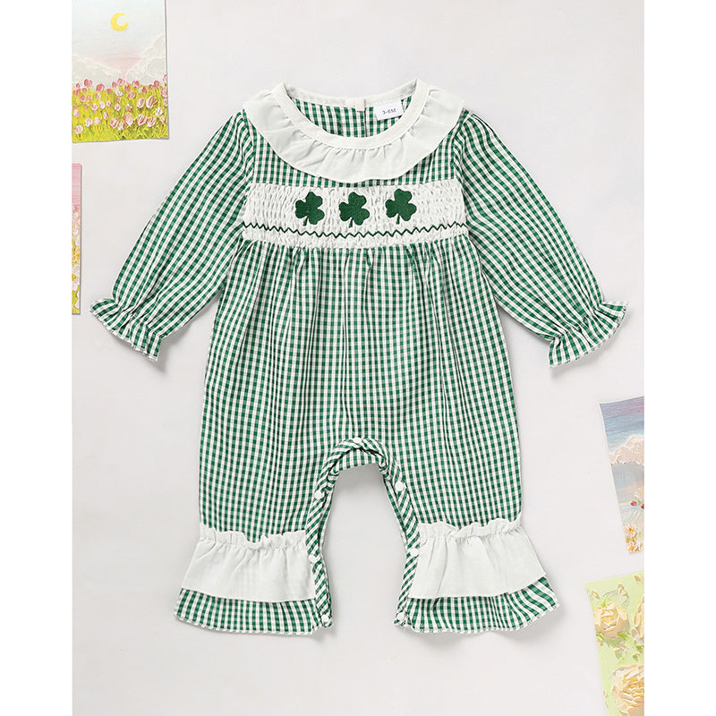 Newborn Baby Girl Long Sleeve Bodysuit – Green Plaid Clover Print One-Piece Outfit