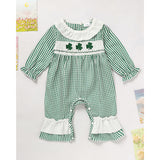 Newborn Baby Girl Long Sleeve Bodysuit – Green Plaid Clover Print One-Piece Outfit