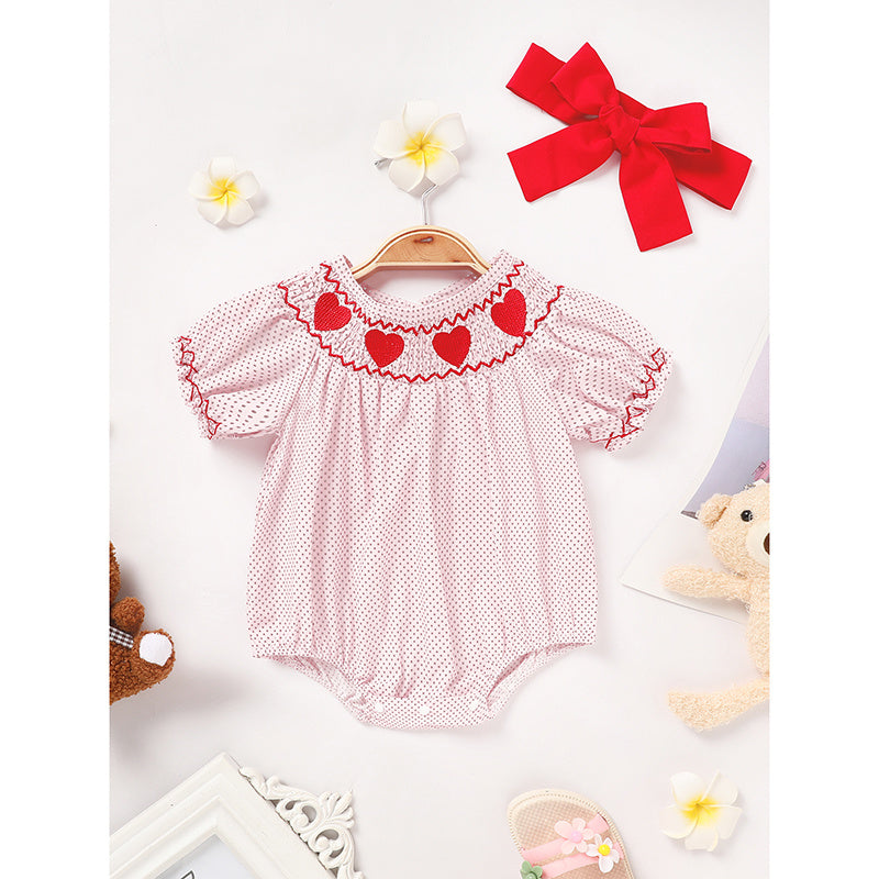 Newborn Baby Girls Valentine’s Day Smocked Romper – Short Sleeve Heart Embroidery Jumpsuit ❤️👶