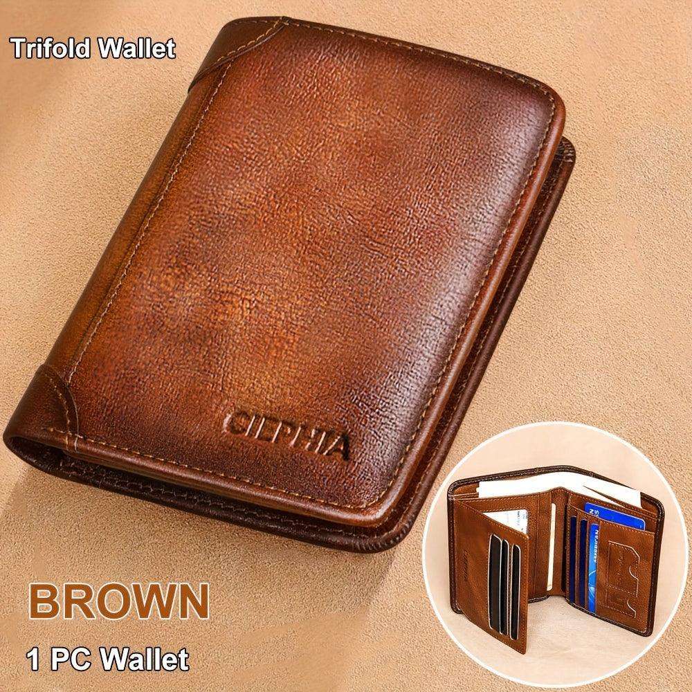 RFID Blocking Trifold Genuine Leather Wallets For Men, Top Layer Cowhide Vintage Short Multi Function Credit Card Holder, Money Clips With 2 ID Windows Valentine'S Day Gifts For Men - PulinGO