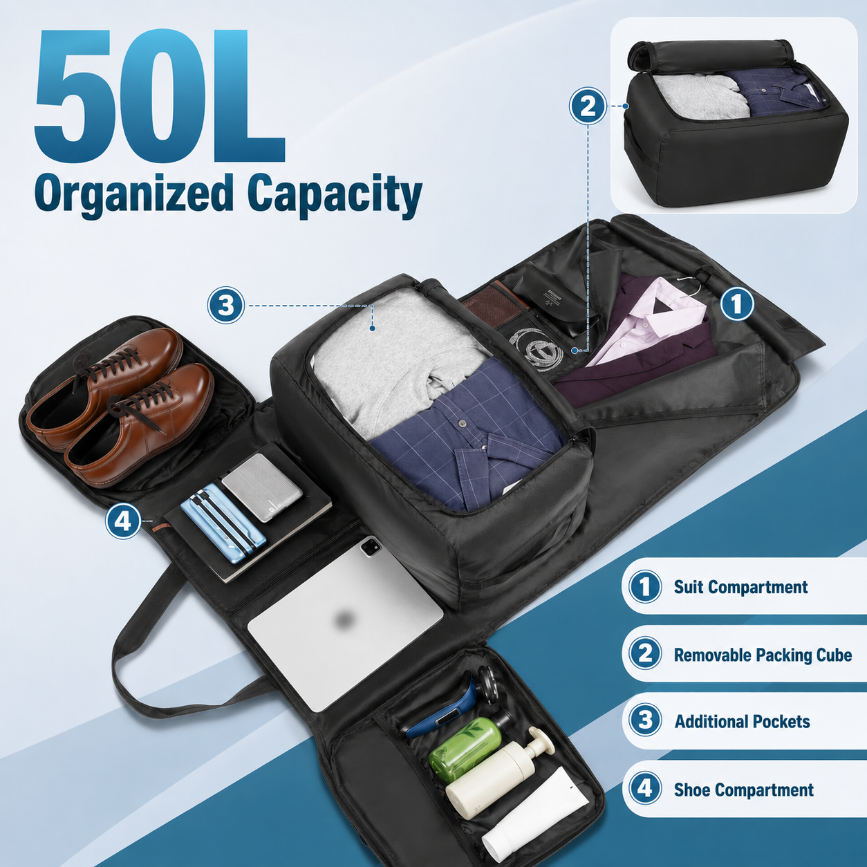 50L Convertible Garment Duffel Backpack with Shoe Compartment