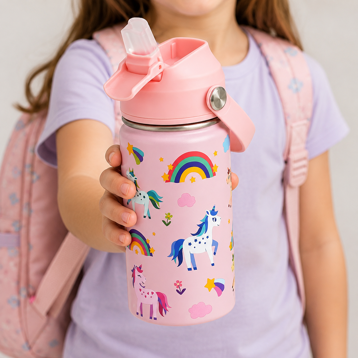 14 oz Kids Insulated Water Bottle with Silicone Straw – Leakproof Stainless Steel School Bottle