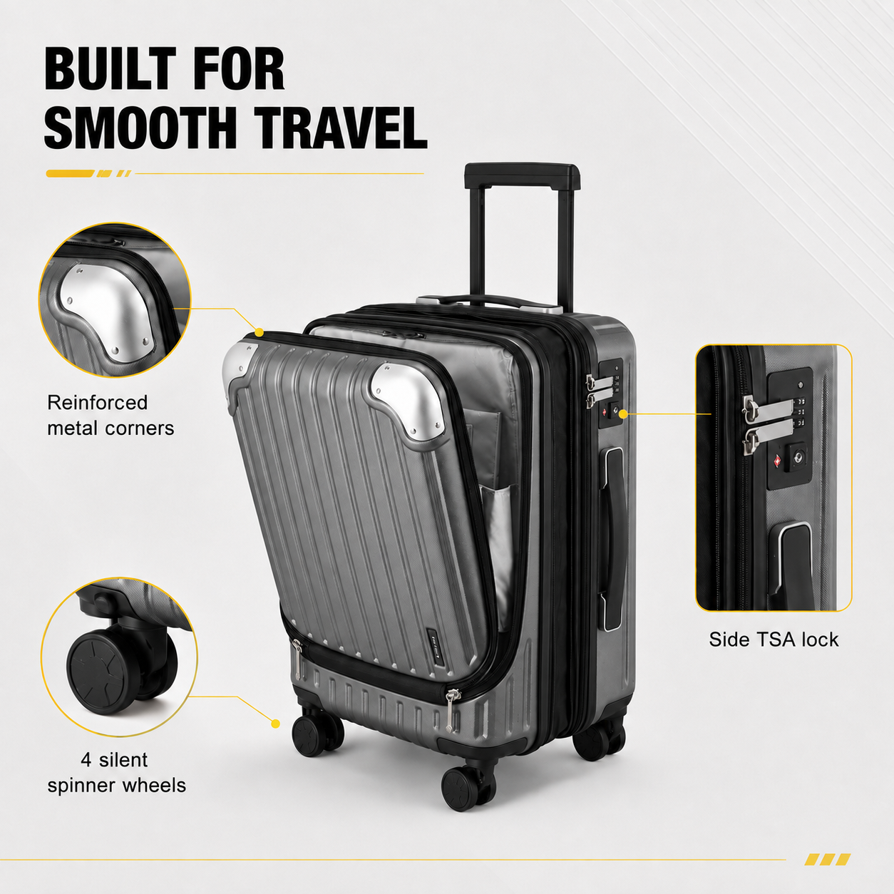 20-Inch Expandable Carry-On Luggage with Front Laptop Compartment, TSA Lock & Spinner Wheels – Grey