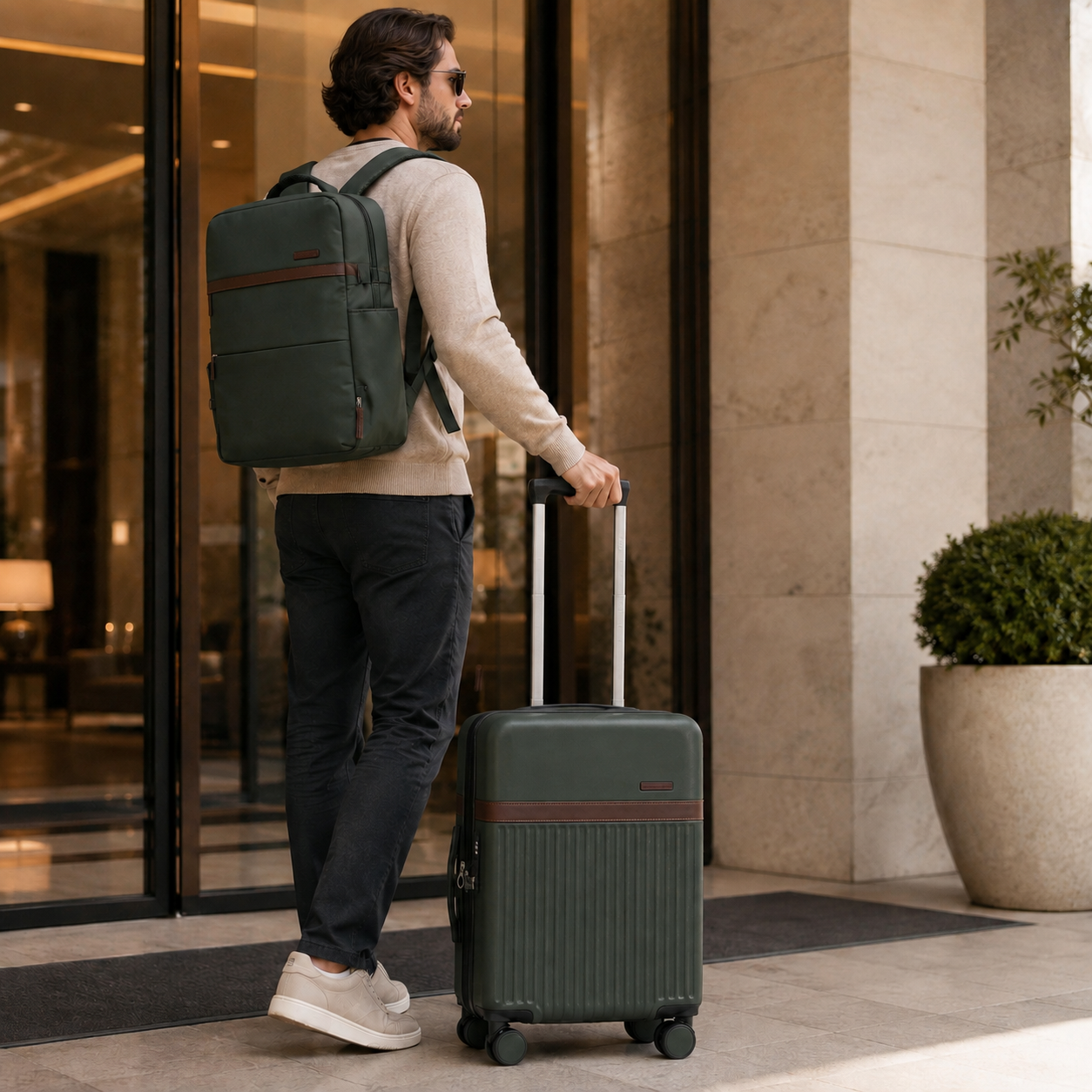 Green 3-Piece Carry-On Luggage Set with Backpack & Toiletry Bag