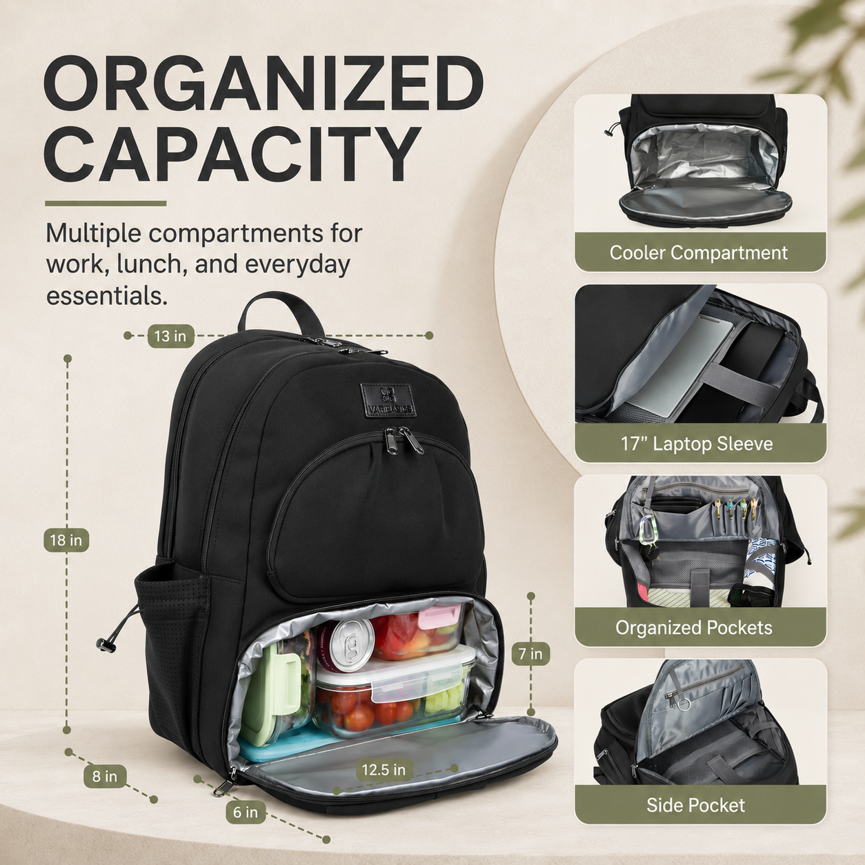 Women’s Insulated Lunch Backpack with 17” Laptop Compartment & Belt Bag