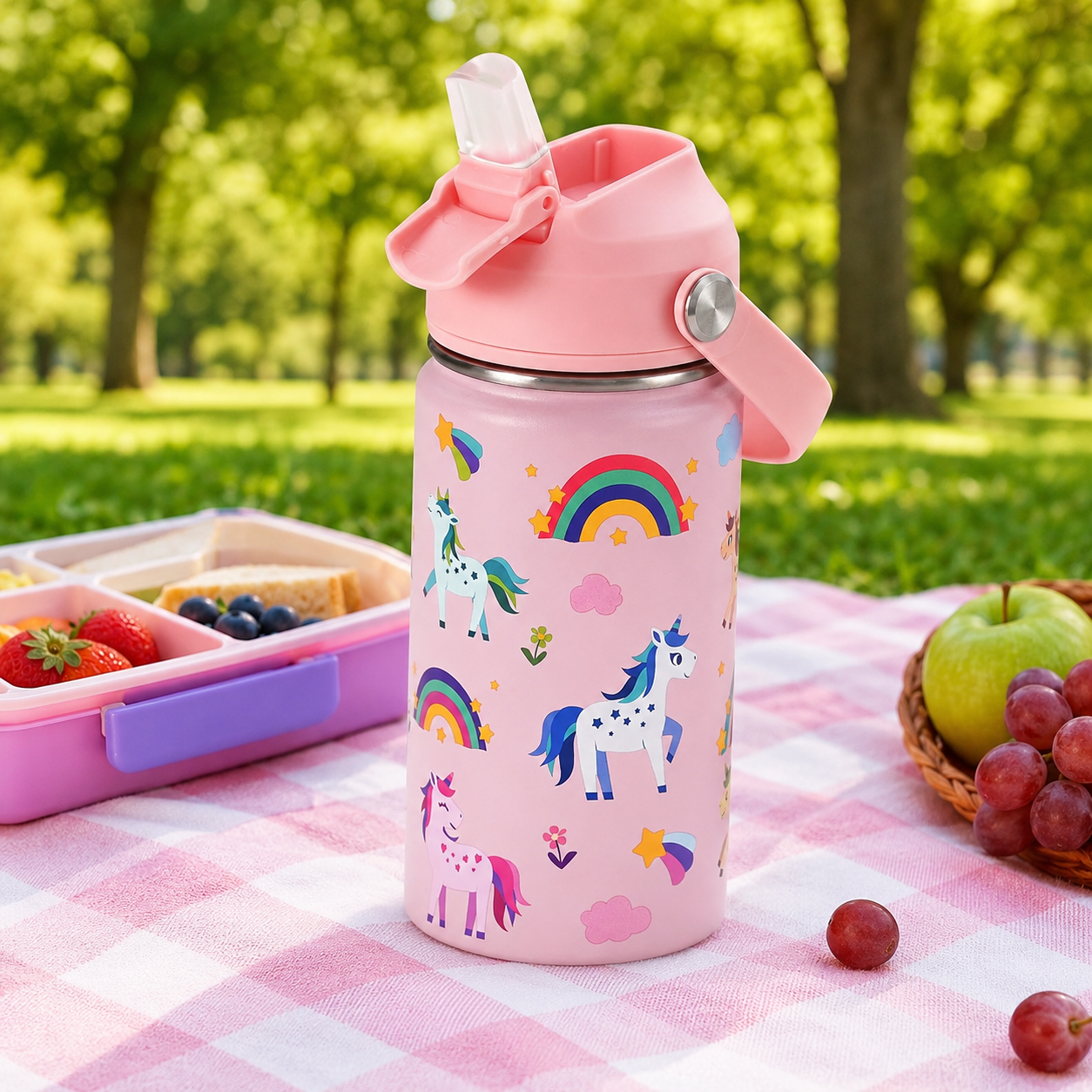 14 oz Kids Insulated Water Bottle with Silicone Straw – Leakproof Stainless Steel School Bottle