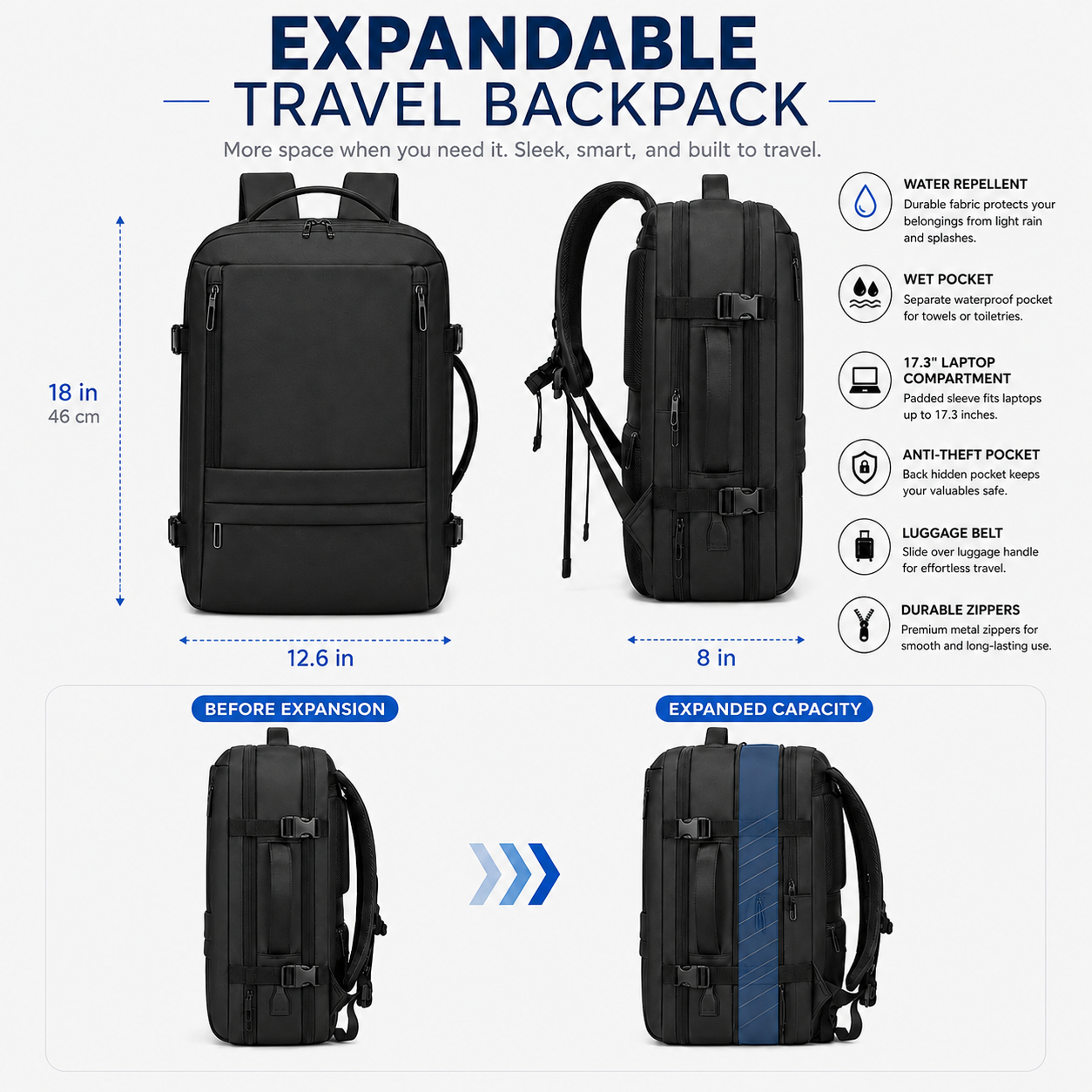 35L Expandable Carry-On Travel Backpack with 17.3-Inch Laptop Compartment – Black