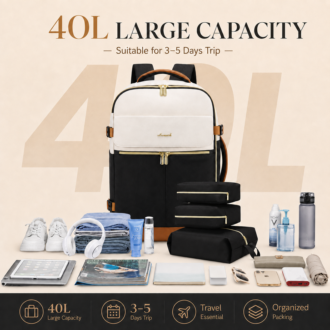 40L Carry-On Travel Backpack with Laptop Compartment & Packing Cubes