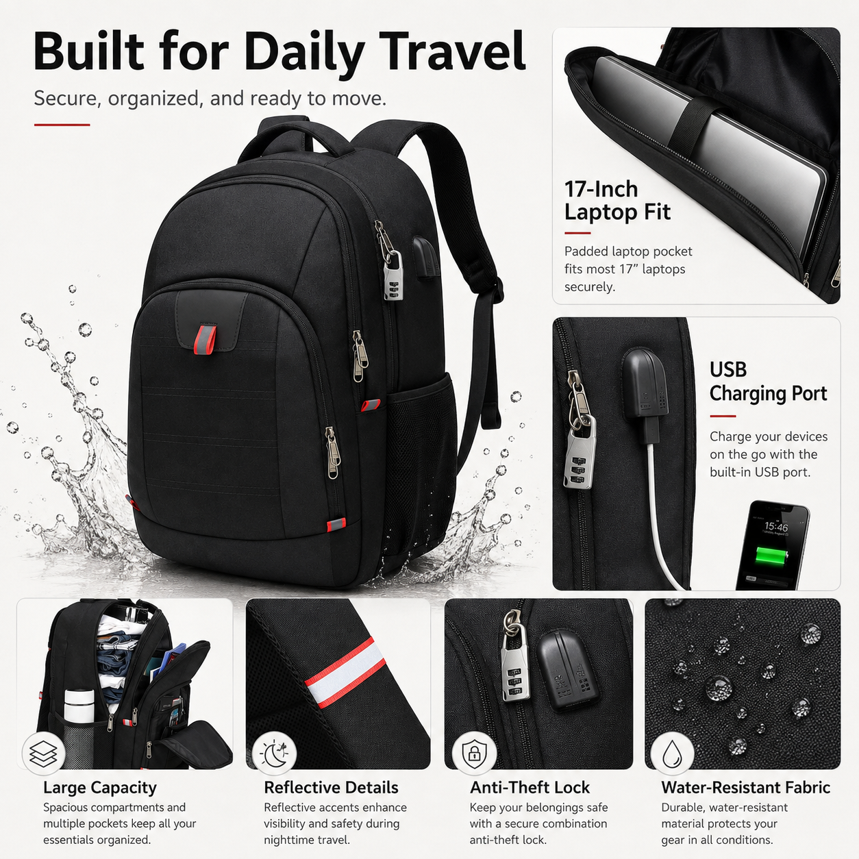 32L Anti-Theft Laptop Backpack – 17.3" Business Travel Backpack with USB Charging