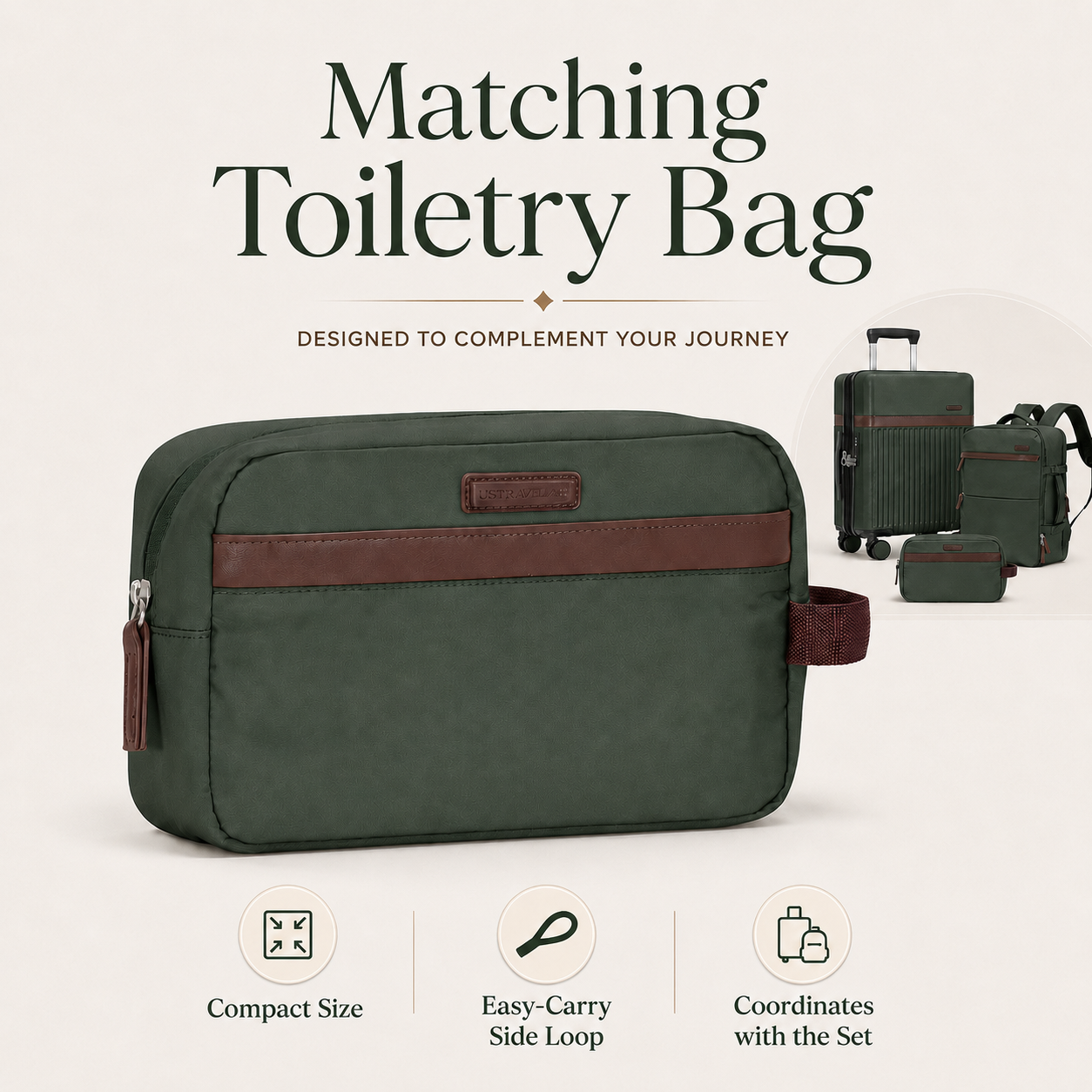 Green 3-Piece Carry-On Luggage Set with Backpack & Toiletry Bag