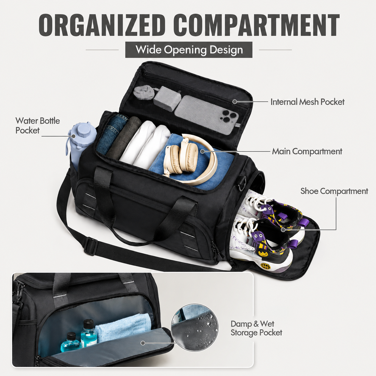16L Compact Gym Duffle Bag with Shoe Compartment & Wet/Dry Pocket